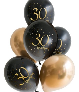 Balony Urodzinowe czarne złote na 30 Urodziny 6szt