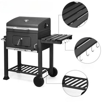 Grill ogrodowy Węglowy ŻELIWNY RUSZT POKRYWA Z TERMOMETREM PÓŁKA WENTYLACJA