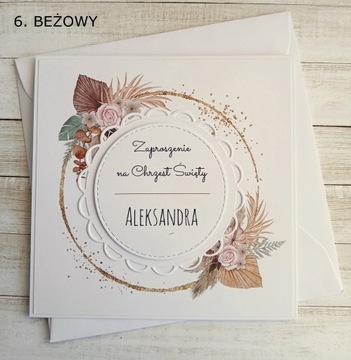 Zaproszenia na Chrzest Święty BOHO Personalizowane Koperta RĘKODZIĘŁO