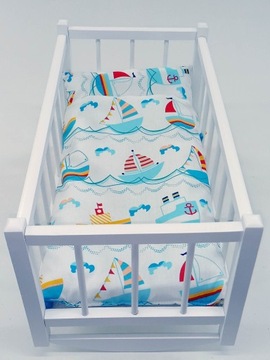 KOŁYSKA DLA LALEK BIAŁA DREWNIANA + POŚCIEL 3el