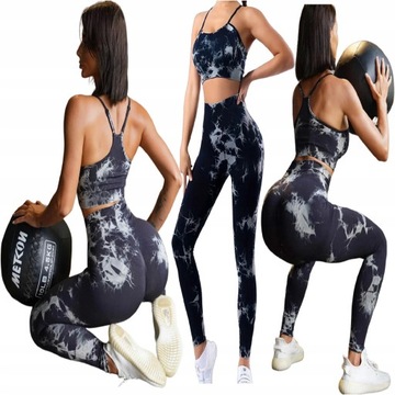 LEGGINSY SPORTOWE CZARNE DAMSKIE PUSH UP KOMPLET Stanik i Leginsy Top GYM S