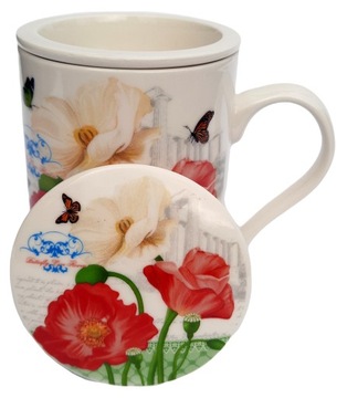 KUBEK Z ZAPARZECZEM I POKRYWKĄ CERAMICZNY ZAPARZACZ MAKI 320ML PREZENT