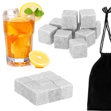 ОХЛАЖДАЮЩИЙ КАМЕНЬ, НАБОР КУБИКОВ ДЛЯ ВИСКИ, 9 ПРЕДМЕТОВ, ГРАНИТНЫЙ МЕШОК