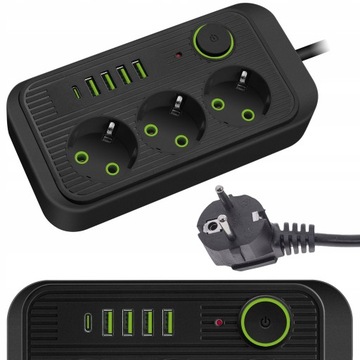 PRZEDŁUŻACZ LISTWA ZASILAJĄCA Z WYŁĄCZNIKIEM 3 GNIAZDA 230V + 5 GNIAZD USB
