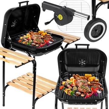 GRILL OGRODOWY WĘGLOWY Z POKRYWĄ CHROMOWANY RUSZT KÓŁKA PÓŁKI DMUCHAWA