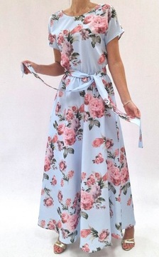 Maxi kobieca zwiewna elegancka koktajlowa Sukienka w KWIATY roz.48 (34-54)