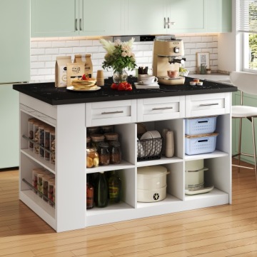 150+96cm White Kitchen Island w/ Extendable Table, Marble Top & Storage