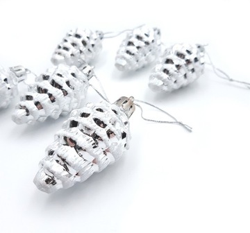 BOMBKI PLASTIKOWE na choinkę SZYSZKI srebrne 6 szt