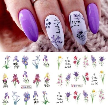 ВОДНЫЕ НАКЛЕЙКИ для украшения ногтей, лист из 12 рисунков, цветы, летние украшения