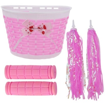 ZESTAW ROWEROWY DLA DZIEWCZYNKI KOSZYK NA KIEROWNICĘ CHWYTY WSTĄŻKI RÓŻOWE