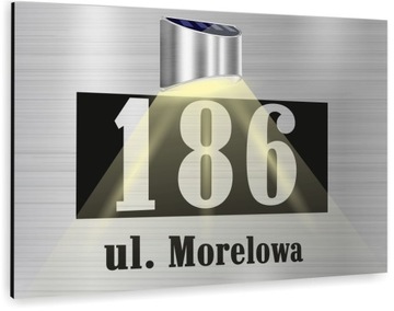 duża TABLICZKA ADRESOWA nierdzewna srebrna numer domu 30x20 lampka solarna