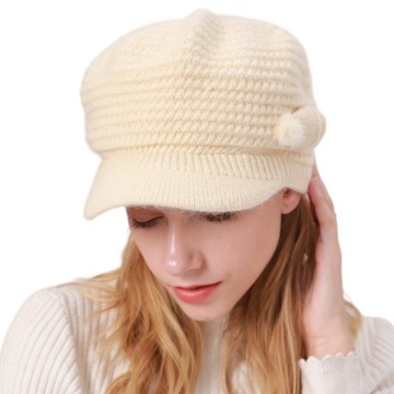 Zimowa damska czapka z daszkiem, jednokolorowa czapka z dzianiny i aksamitny ciepły beret