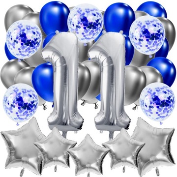 BALONY ZESTAW na 11 URODZINY GWIAZDA SREBRNA CYFRA