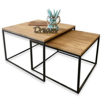 ZESTAW STOLIKÓW KAWOWYCH 65x65+55x55 INDUSTRIALNYCH LOFT DĄB CRAFT ZŁOTY