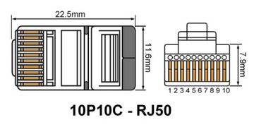 Вилка RJ50/10P10C STP, экранированная, для круглого кабеля, многожильный AWG24-27, 10 шт.