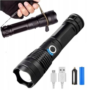MOCNA LATARKA TAKTYCZNA LED XHP90 WOJSKOWA ZOOM, DUŻY AKUMULATOR 3000 mAh