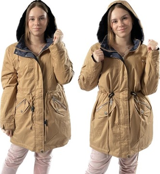 KURTKA DAMSKA DWUSTRONNA JESIENNA PRZEJŚCIOWA CIEPŁA KAPTUR PLUS SIZE 4XL