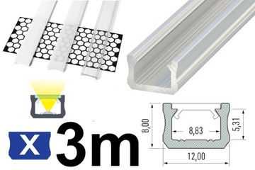 PROFIL LED 3M ALUMINOWY DO TAŚM 12mm WĄSKI TYP X SREBRNY 3M + KLOSZ PVC