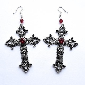 Goth duży detal krzyż czarny czerwony diament biżu