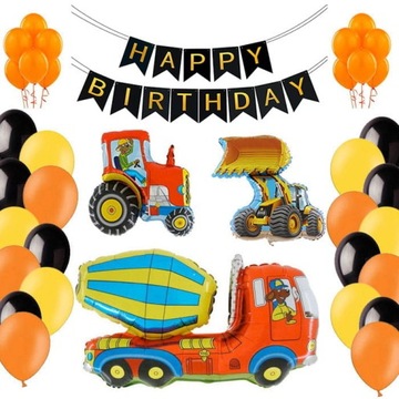 ZESTAW BALONY DEKORACJE NA URODZINY KOPARKA BETONIARKA TRAKTOR CIĄGNIK