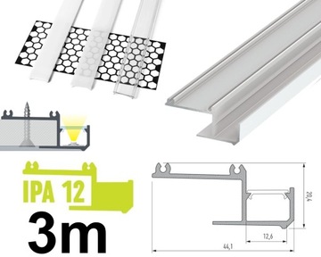 PROFIL LED GK DO TAŚM LED KRAWĘDZIOWY SUFITOWY IPA12 BIAŁA 3m Z KLOSZEM