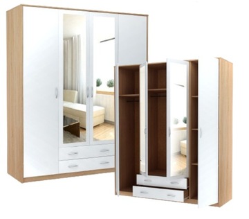 Szafa Czterodrzwiowa PREMIUM SOFTLINE 168 CM BIAŁY-SONOMA z Lustrem
