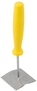 Скребок для решетки из нержавеющей стали с пластиковой ручкой.