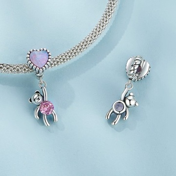 G816 Opalizujące serce różowy miś srebrny charms koralik beads