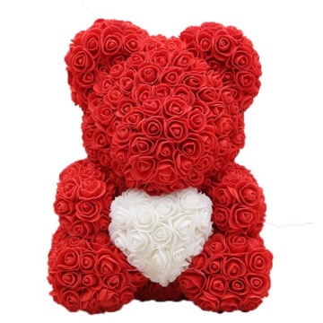 Красный мишка с сердцем 40 см из лепестков роз + BOX