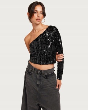 CEKINY WELUR ZDOBIENIE 92U NG5__L ONLY CZARNY CROP TOP ASYMETRIA