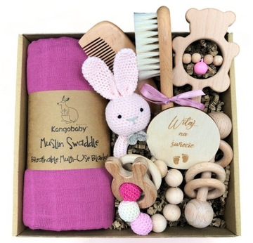 GIFT BOX dla noworodka gryzak grzechotka grzebyk pieluszka + eko pudełko