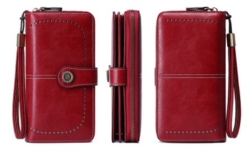 Czerwony elegancki skórzany portfel damski skóra system RFID pasek na rękę