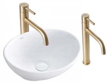 Umywalka Nablatowa Ceramiczna Sofia Mini Biała Rea + Bateria Lungo Złota