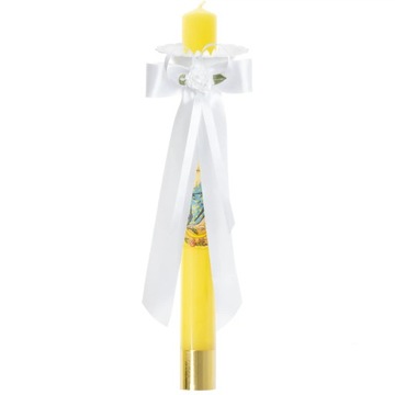 Свеча Свеча, короткая желтая, с Богоматерью + украшение Свеча Белый капельник