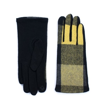 Rękawiczki Damskie Żółte w Kratkę Zimowe Wełniane Eleganckie Stylowe