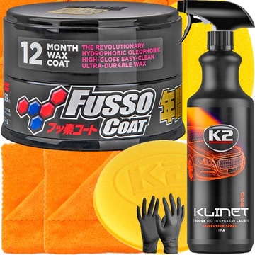 SOFT99 FUSSO Coat WAX Dark 12 MONTHS 200G TWARDY WOSK DO SAMOCHODU ZESTAW+