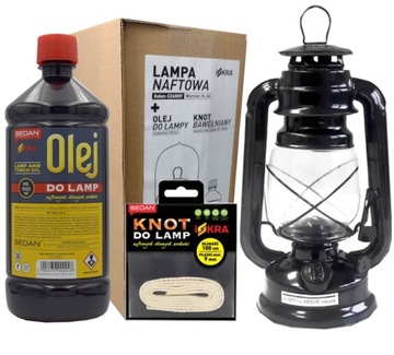 Lampa naftowa olejowa czarna, knot, olej Iskra 1l