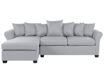 Sofa narożna jasnoszara z poduszkami