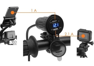 Мотоциклетная розетка с дисплеем 2xUSB + адаптер
