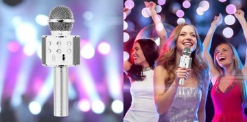 MIKROFON KARAOKE BEZPRZEWODOWY USB BLUETOOTH SREBRNY Z GŁOŚNIKIEM 3 W 1