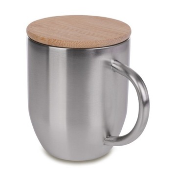 DWUŚCIANKOWY KUBEK STALOWY INOX Z PRZYKRYWKĄ BAMBUSOWĄ MALOY 350ML SREBRNY
