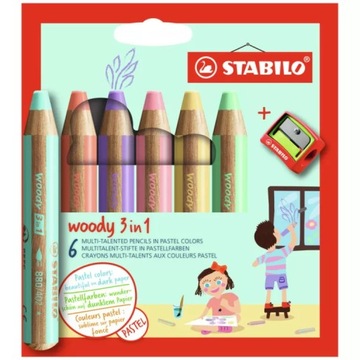 KREDKI STABILO WOODY 3W1 6XPASTELOWE + TEMPERÓWKA