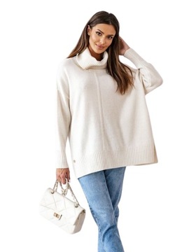 Sweter damski WEŁNIANY LUŹNY SWETER Z GOLFEM Golf MADAME SUE Ecru Nowość