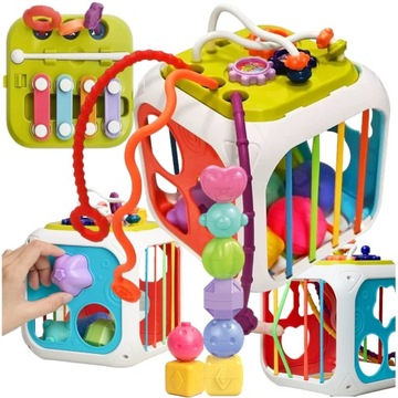 KOSTKA EDUKACYJNA SORTER SZNURKI CYMBAŁKI GRYZAK niemowląt MONTESSORI 7w1
