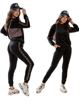 DRES KOMPLET WELUROWY DAMSKI BLUZA SPODNIE Z LAMPASEM