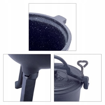 KOCIOŁEK MYŚLIWSKI ŻELIWNY GARNEK NA OGNISKO STOJĄCY 10L KAMILLE