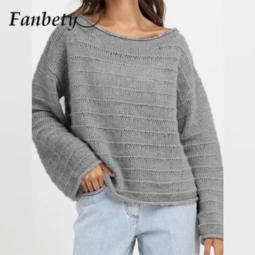 Y2k Sweter Kobiety elegancki solidny ciepły z dzianiny modny z okrągłym de