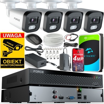 FORCE Zestaw monitoringu 4x Kamera IP 4MPx 2K Aplikacja DYSK 1TB