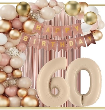 BALONY dekoracje na urodziny cyfra 60 lat beż wild rose gold