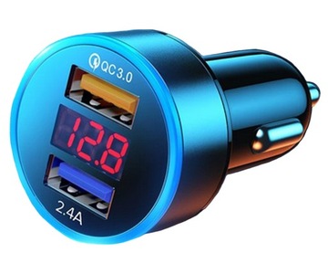 ŁADOWARKA SAMOCHODOWA 2 x USB QC 3.0 LED Woltomierz Podświetlenie LED